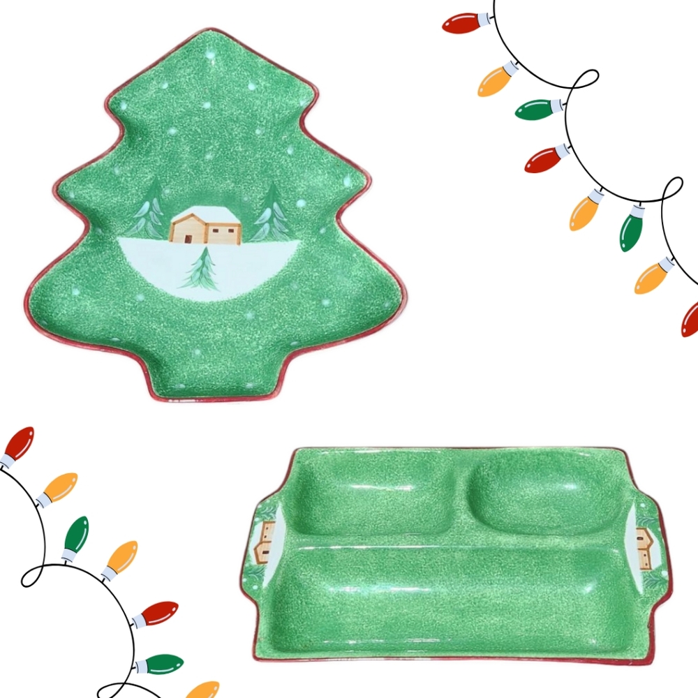 Macy's The Cellar Holiday Log Cabin Serving Platter Set Of 2 Vintage